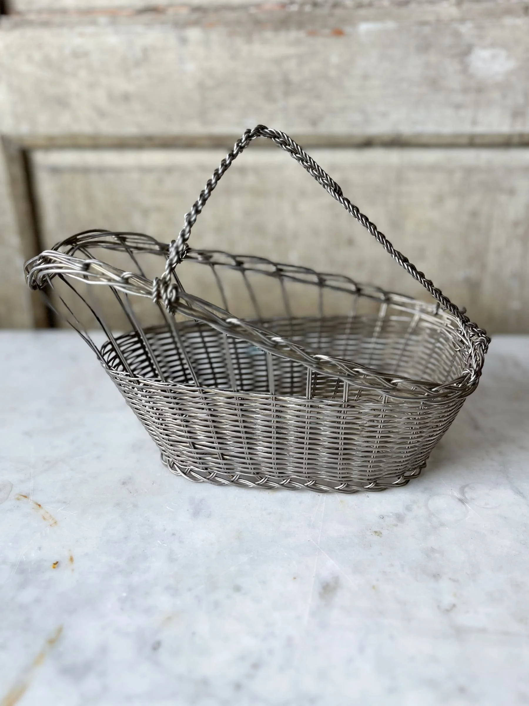 Vintage French Wine Bottle Carrier Basket | Woven Metal Wine
